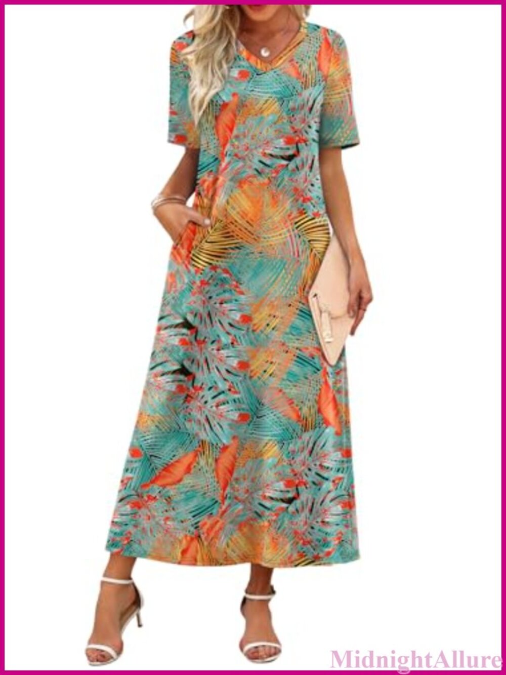 V Neck Maxi Dress Short Sleeve Floral Beach Travel Casual